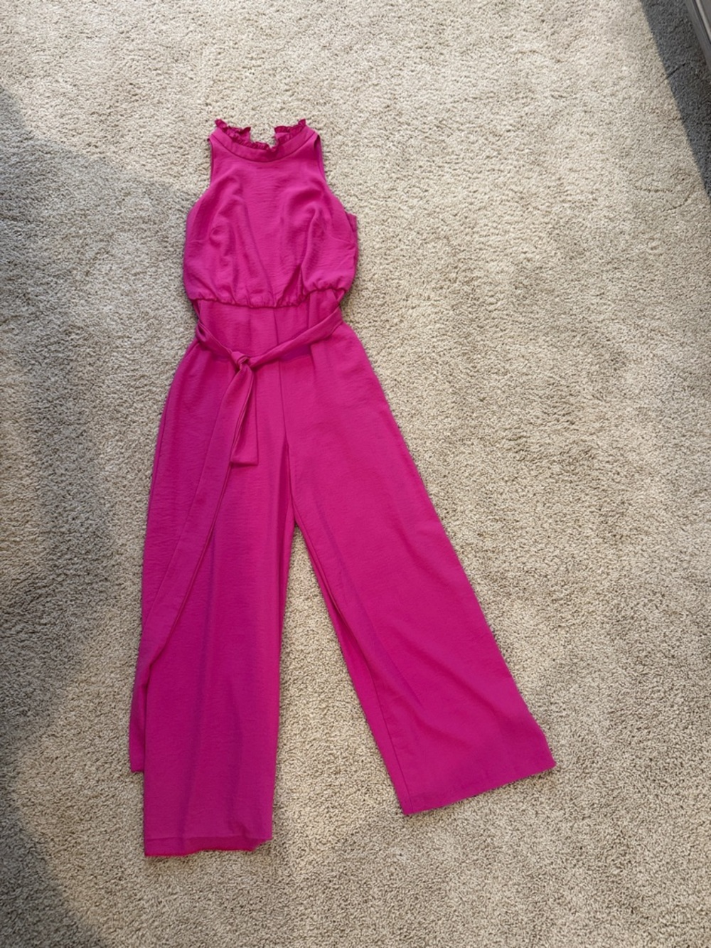 Vince Camuto Sleeveless Ruffle-Trim Wide-Leg Jumpsuit in Fuchsia
